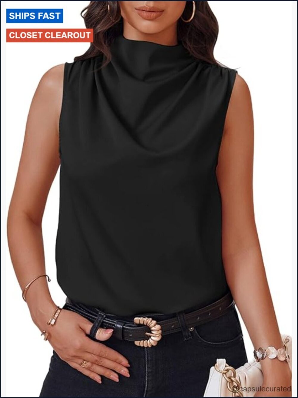 Mock Neck Satin Tank Top Ruched Blouse Business Casual Work